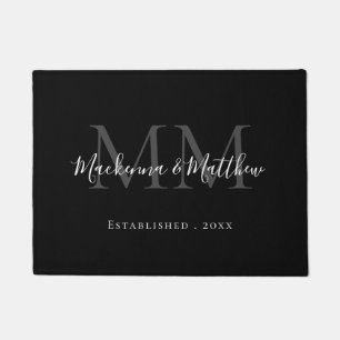 Modern Elegant Black White Newlywed Monogram Name Doormat