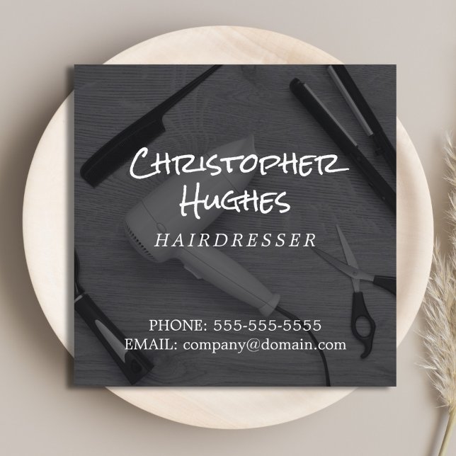 Modern Elegant Black & White Photo Hairdresser Square Business Card (Creator Uploaded)