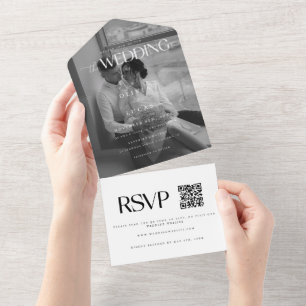 Modern & Elegant Black & White Photo Wedding All In One Invitation