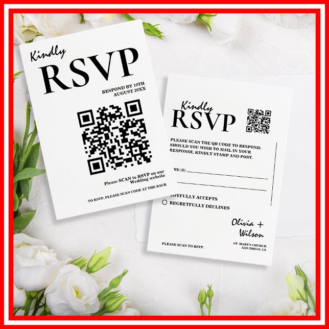 Modern Elegant Black & White QR Code Wedding RSVP Card (Creator Uploaded)