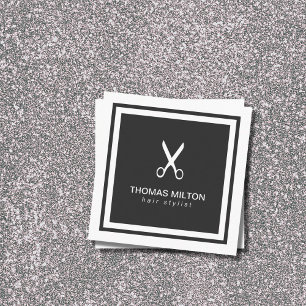 Modern Elegant Black White Scissor Hairstylist Square Business Card