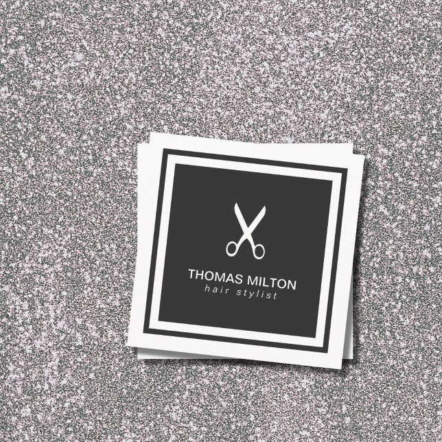 Modern Elegant Black White Scissor Hairstylist Square Business Card (Creator Uploaded)