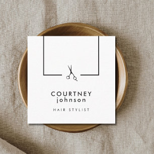 Modern Elegant Black White Scissors Hairstylist Square Business Card