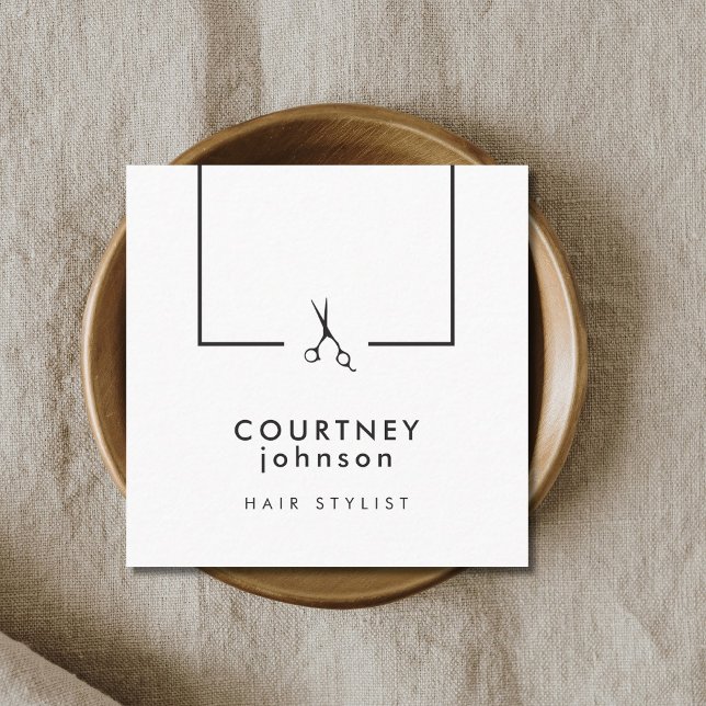 Modern Elegant Black White Scissors Hairstylist Square Business Card (Creator Uploaded)