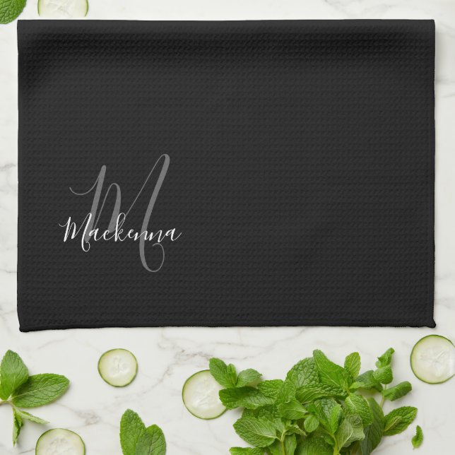 Modern Elegant Black White Script Name Monogram Tea Towel (Folded)