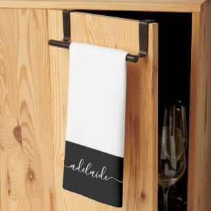 Modern Elegant Black White Script Name Monogram Tea Towel