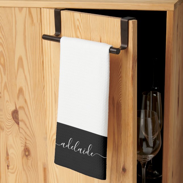 Modern Elegant Black White Script Name Monogram Tea Towel (Thirds Fold)
