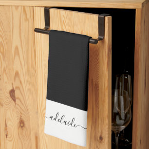 Modern Elegant Black White Script Name Monogram Tea Towel