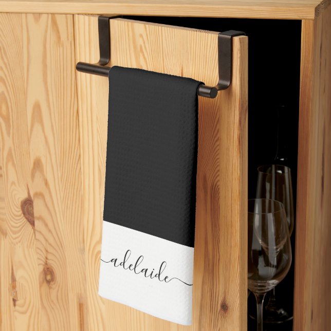 Modern Elegant Black White Script Name Monogram Tea Towel (Thirds Fold)