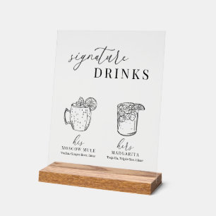 Modern Elegant Black & White Signature Drinks Acrylic Sign