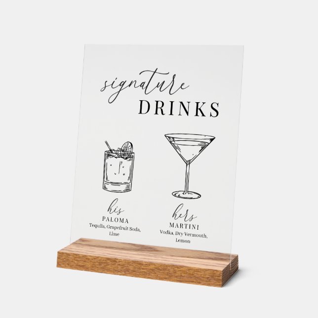 Modern Elegant Black & White Signature Drinks Acrylic Sign (Angle)