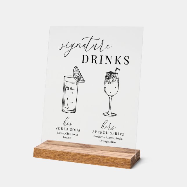 Modern Elegant Black & White Signature Drinks Acrylic Sign (Angle)