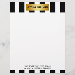 Modern Elegant Black & White Stripes with Gold Bar Custom Letterhead