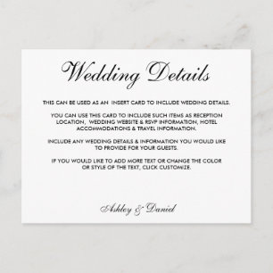 Modern Elegant Black & White Wedding Details Postcard