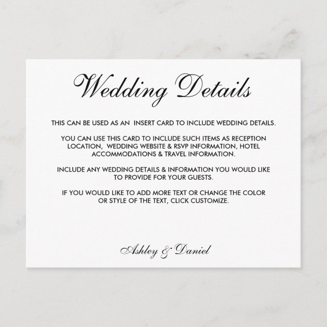 Modern Elegant Black & White Wedding Details Postcard (Front)