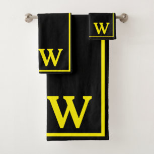 Modern Elegant Black Yellow Monogram Script  Bath Towel Set
