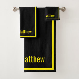 Modern Elegant Black Yellow Monogram Script Name Bath Towel Set