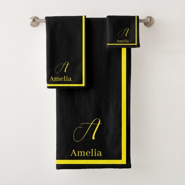 Modern Elegant Black Yellow Monogram Script Name  Bath Towel Set (Insitu)