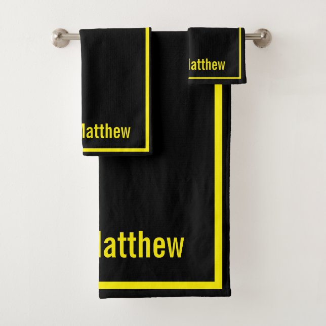 Modern Elegant Black Yellow Monogram Script Name Bath Towel Set (Insitu)