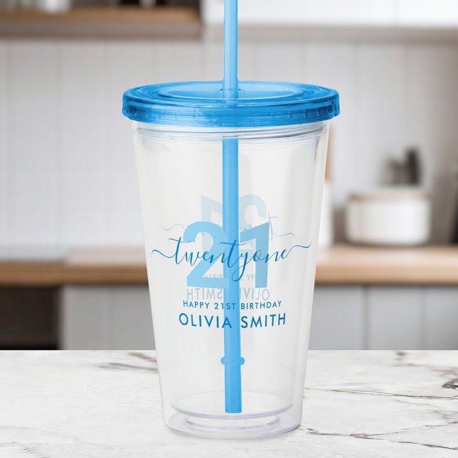 Modern Elegant Blue 21st Birthday Acrylic Tumbler (Creator Uploaded)