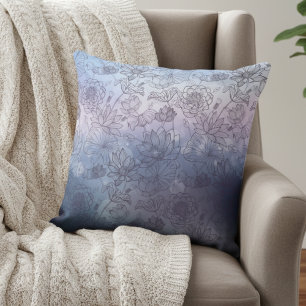 Modern Elegant Blue And Purple Flowers Cushion