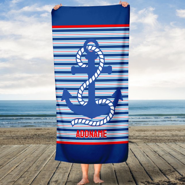 Modern Elegant Blue And White Stripes Pattern Name Beach Towel (Creator Uploaded)