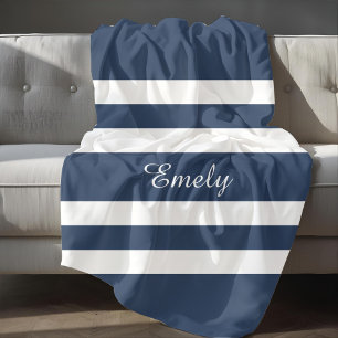 Modern Elegant Blue And White Stripes Pattern Name Fleece Blanket