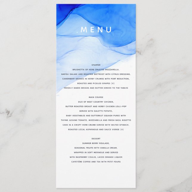 modern elegant blue and white wedding menu (Front)