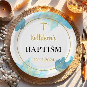 Modern Elegant Blue Baptism Paper Plate
