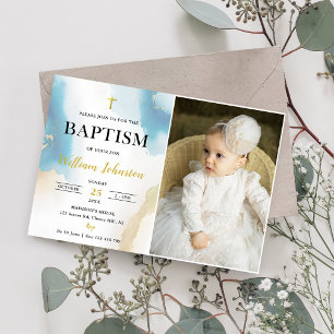 Modern Elegant  Blue Baptism Photo  Invitation