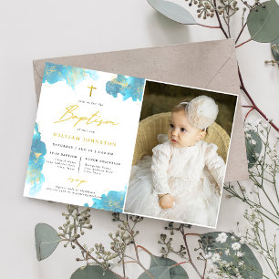 Modern Elegant Blue Baptism Photo  Invitation
