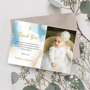 Modern Elegant Blue Baptism Photo Thank You Card