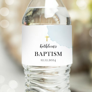 Modern Elegant Blue Baptism Water Bottle Label