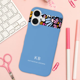 Modern Elegant Blue Black Floral Pattern iPhone 16 Case