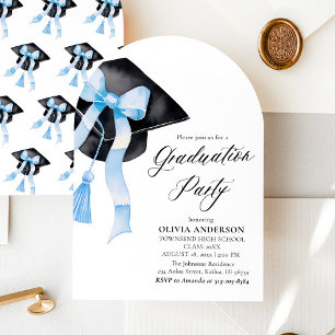 Modern Elegant Blue Bow Graduation Cap Arched Invitation