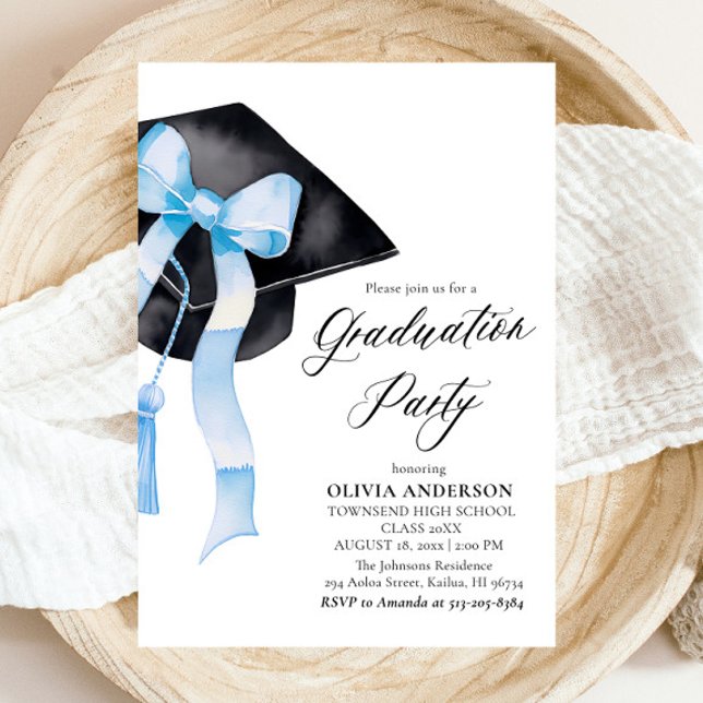 Modern Elegant  Blue Bow Graduation Cap Graduation Invitation (Watercolor Modern Elegant Trendy Stylish Blue Bow Graduation Invitation)