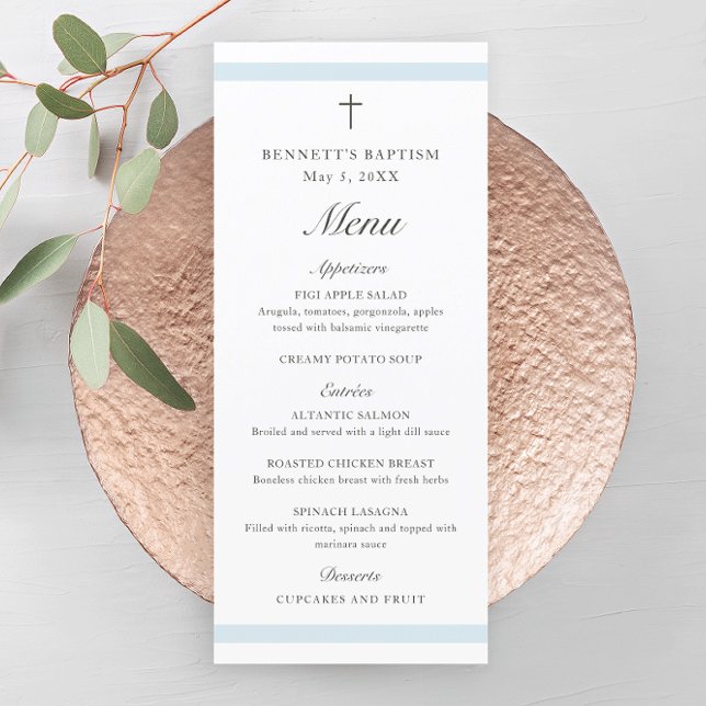 Modern Elegant Blue Boys Baptism Menu (Modern boys baptism menu with script headlines and simple cross.)