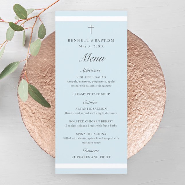 Modern Elegant Blue Boys Baptism Menu (Modern boys baptism menu with script headlines and simple cross.)