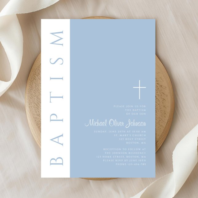 Modern Elegant Blue Cross Boy Baptism  Invitation (Modern Elegant Blue Cross Boy Baptism Invitation)