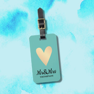 Modern Elegant Blue Faux Gold Heart Mr&Mrs Luggage Tag