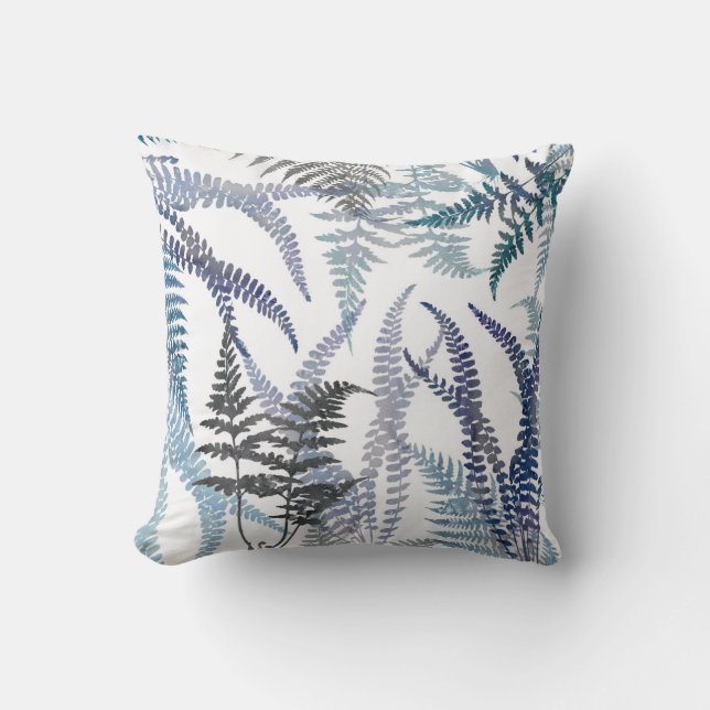 Modern Elegant Blue Fern Leaves Abstract Cushion (Front)