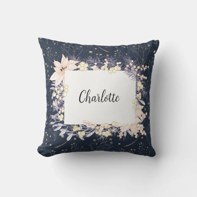 Modern Elegant Blue Floral Christmas  Cushion (Front)