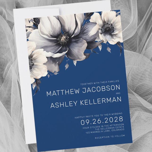 Modern Elegant Blue Floral Wedding Invitation (Simple Modern Elegant Navy Blue Floral Wedding Invitation)