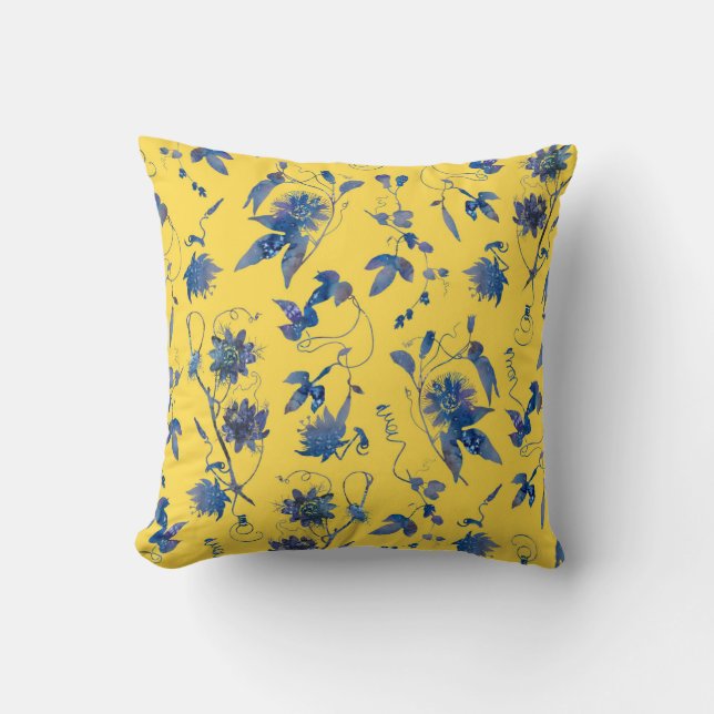 Modern Elegant Blue Flowers Mustard Yellow Cushion (Front)