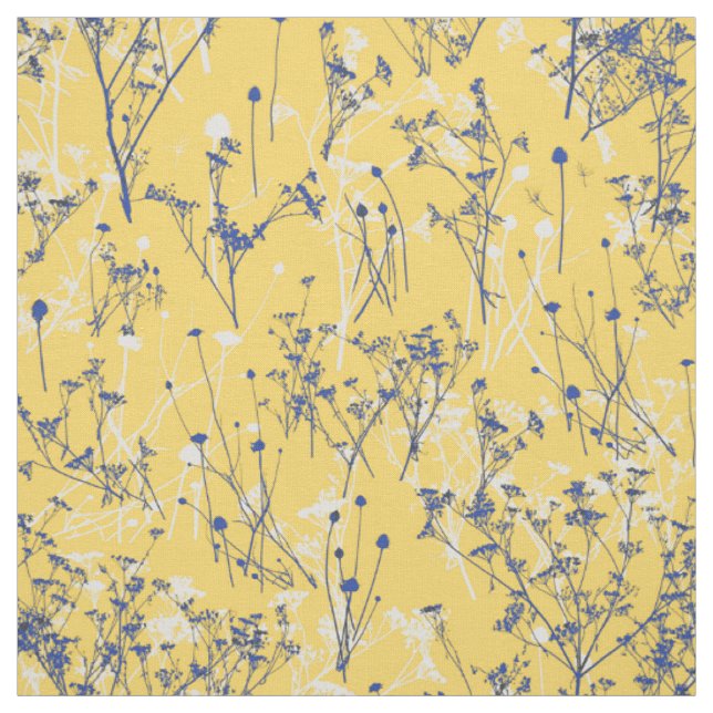 Modern Elegant Blue Flowers Mustard Yellow  Fabric (Swatch)