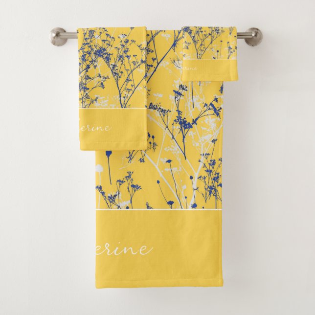 Modern Elegant Blue Flowers Mustard Yellow Name Bath Towel Set (Insitu)