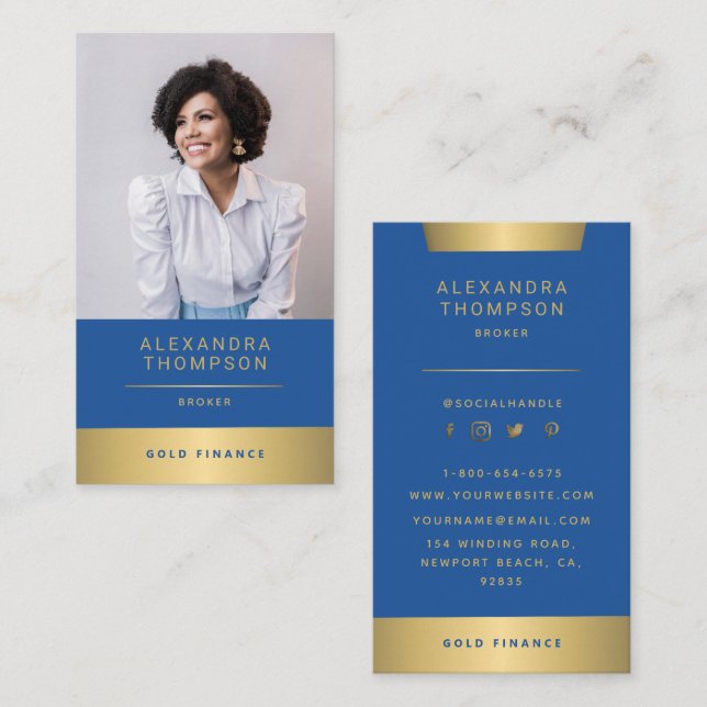 Modern Elegant Blue Gold CEO Professional Photo Business Card (Front/Back)