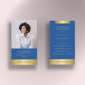 Modern Elegant Blue Gold CEO Professional Photo Business Card