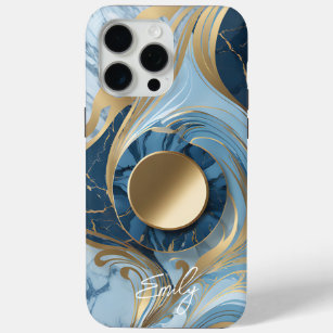 Modern Elegant Blue Gold Marble iPhone 15 Pro Max Case