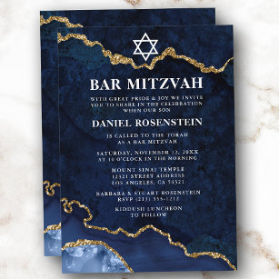 Modern Elegant Blue Gold Marble Geode Bar Mitzvah Invitation